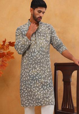 Olive Embroidered Viscose Kurta For Men