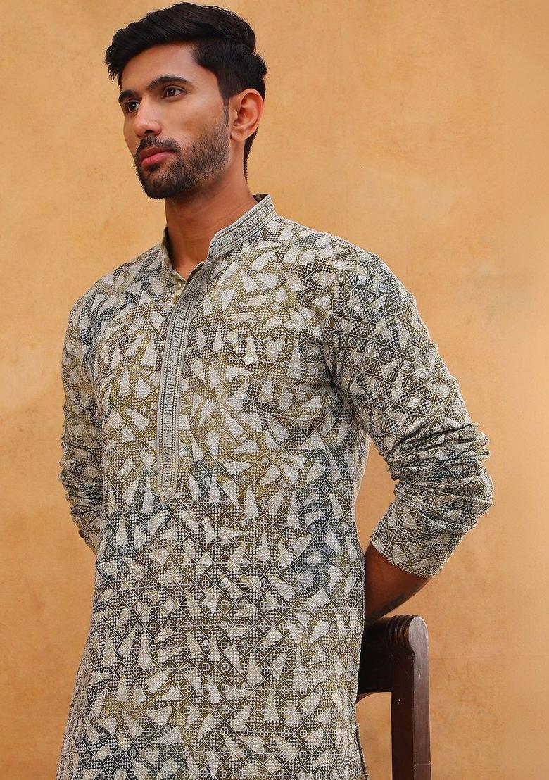 Olive Embroidered Viscose Kurta For Men - Indya