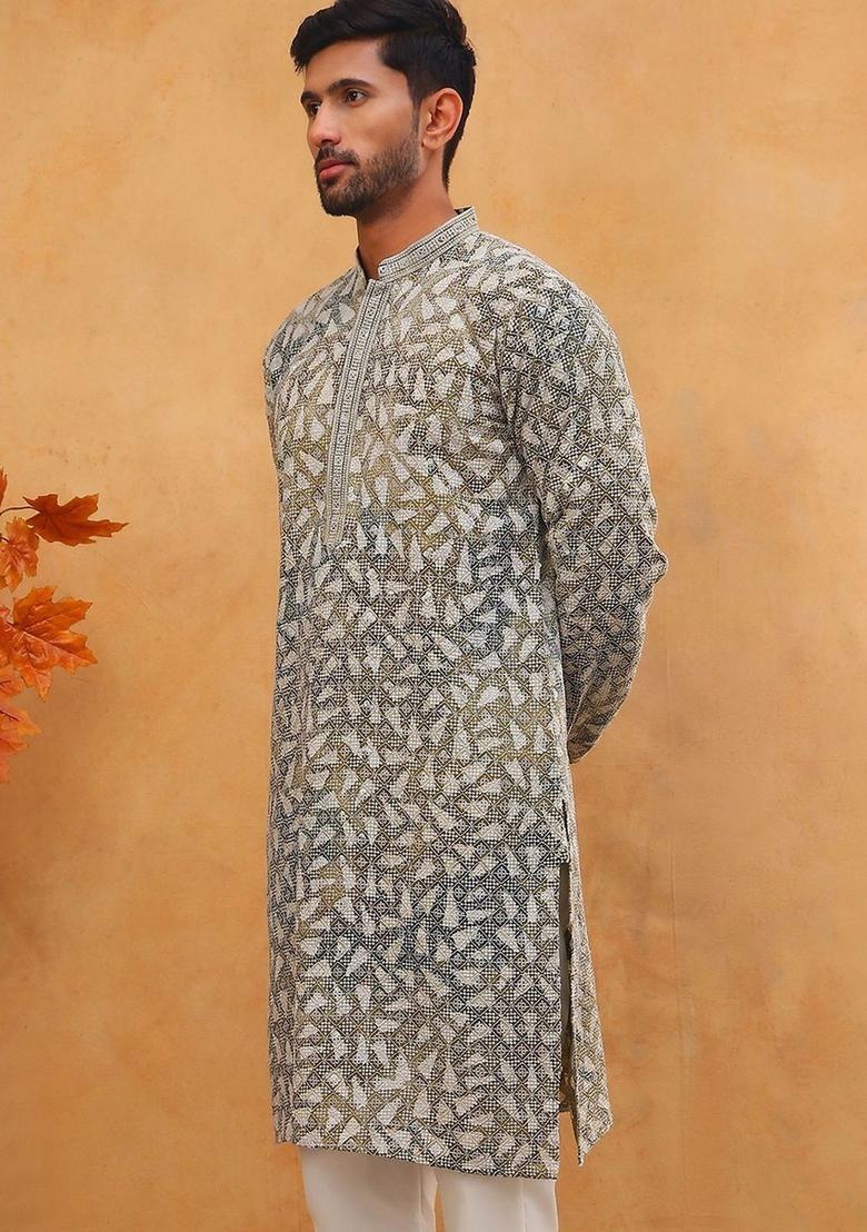 Olive Embroidered Viscose Kurta For Men - Indya