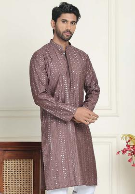 Brown Embroidered Silk Kurta For Men