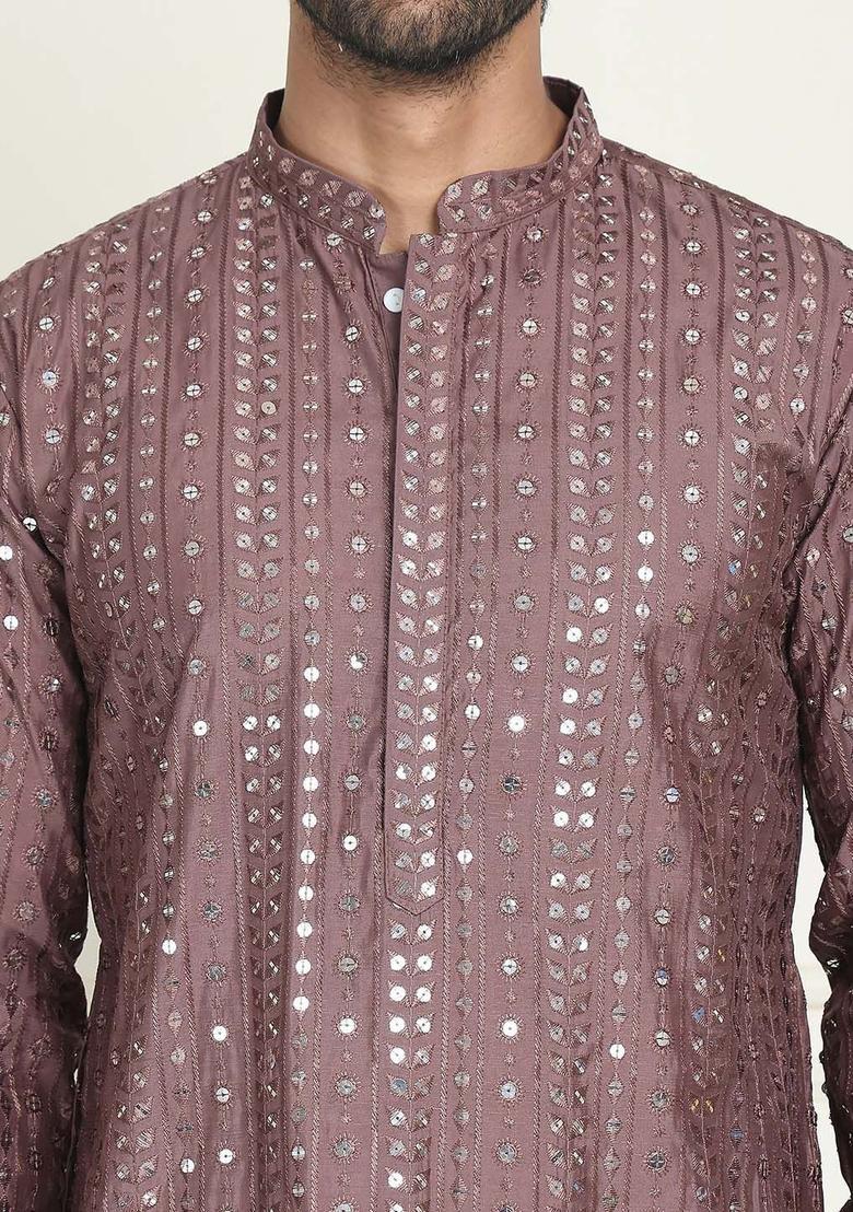 Brown Embroidered Silk Kurta For Men - Indya