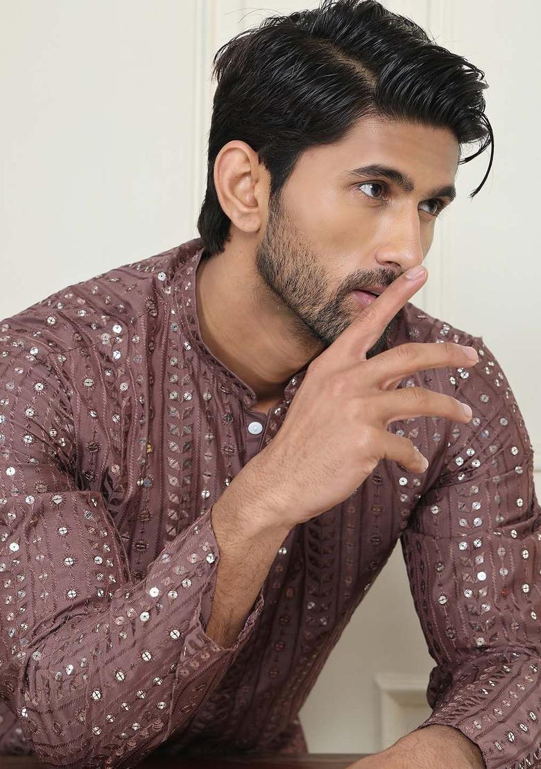 Brown Embroidered Silk Kurta For Men - Indya