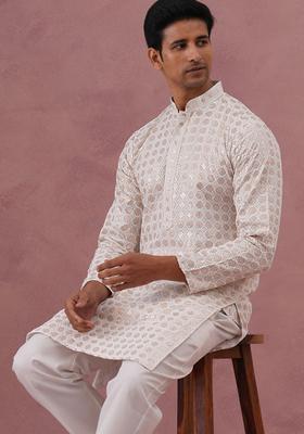 White Embroidered Viscose Kurta For Men