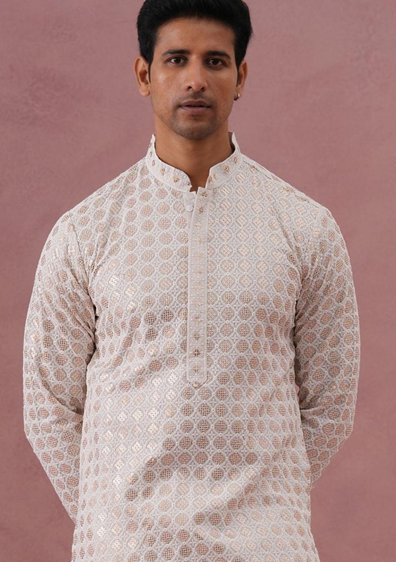 White Embroidered Viscose Kurta For Men - Indya