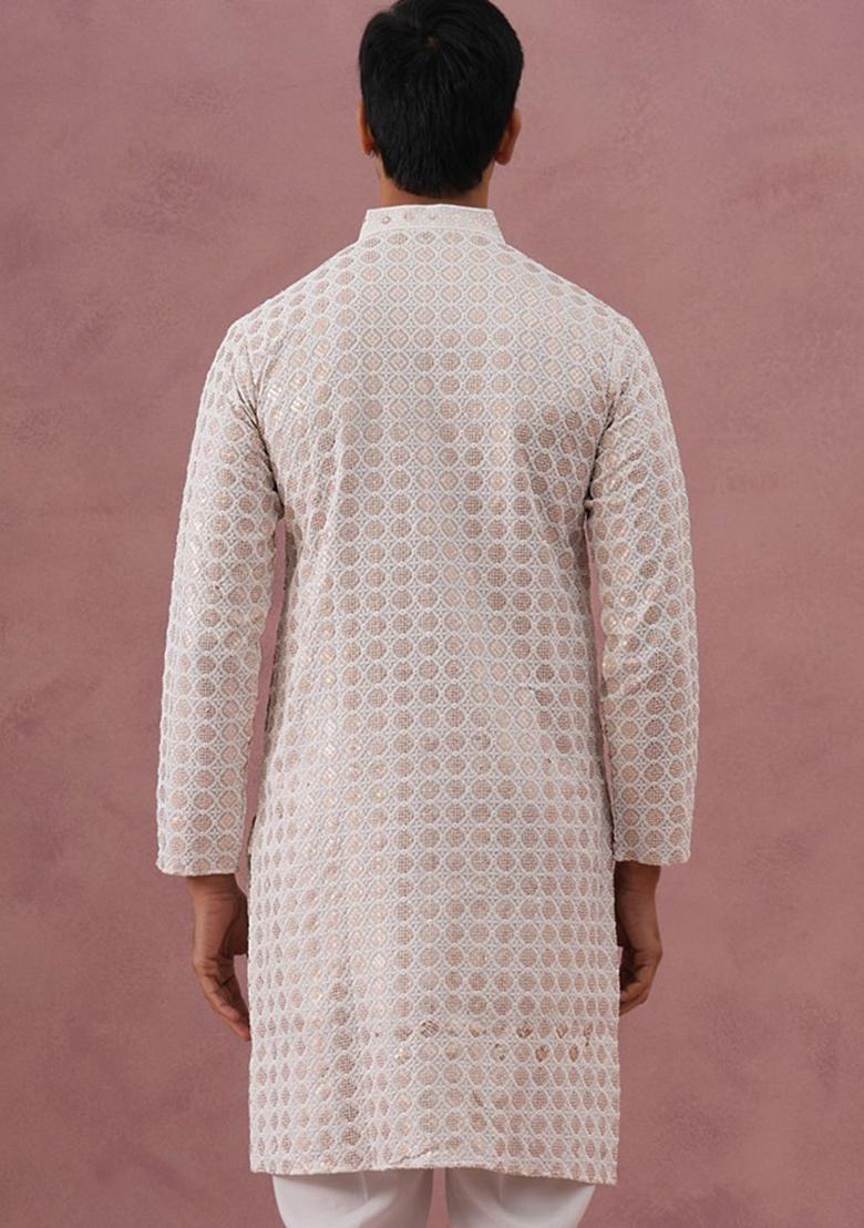 White Embroidered Viscose Kurta For Men - Indya