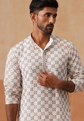 White Embroidered Viscose Kurta For Men