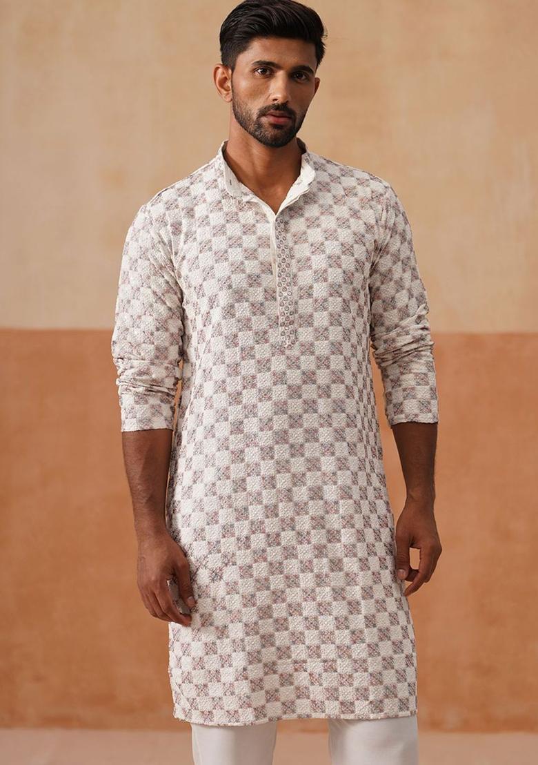 White Embroidered Viscose Kurta For Men - Indya