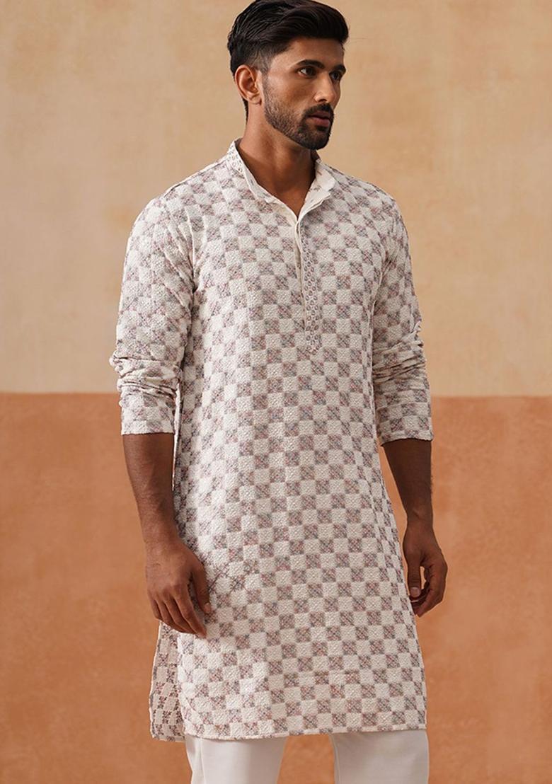 White Embroidered Viscose Kurta For Men - Indya