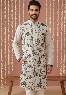 Grey Embroidered Silk Kurta For Men