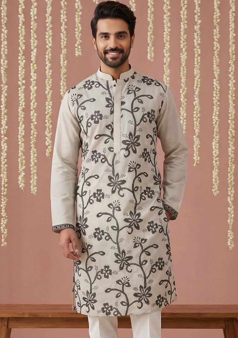 Grey Embroidered Silk Kurta For Men - Indya