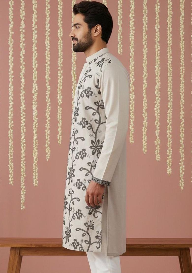 Grey Embroidered Silk Kurta For Men - Indya