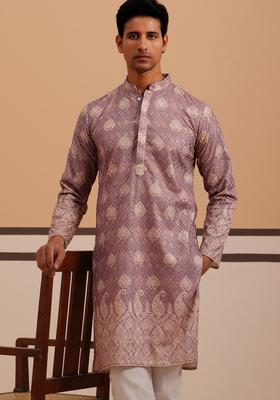 Purple Woven Design Cotton Kurta For Men