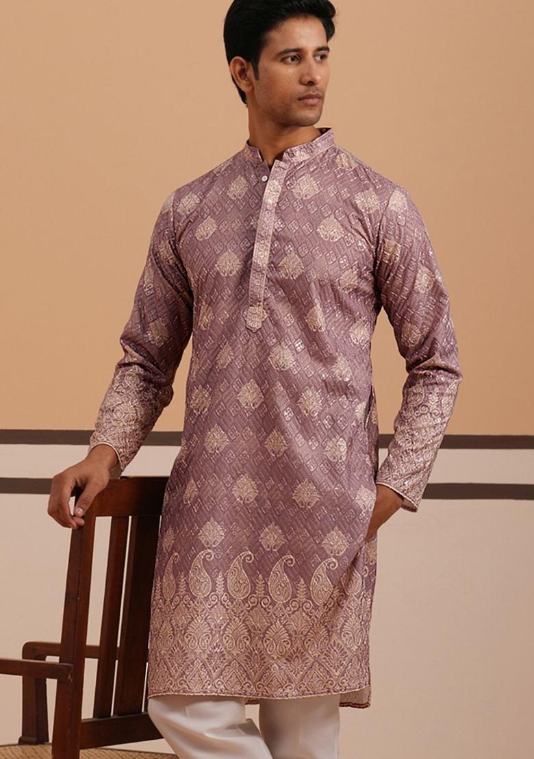 Purple Woven Design Cotton Kurta For Men - Indya