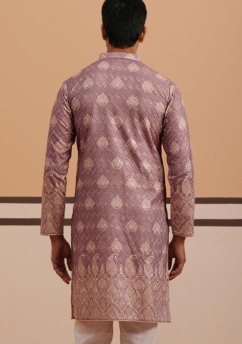 Purple Woven Design Cotton Kurta For Men - Indya