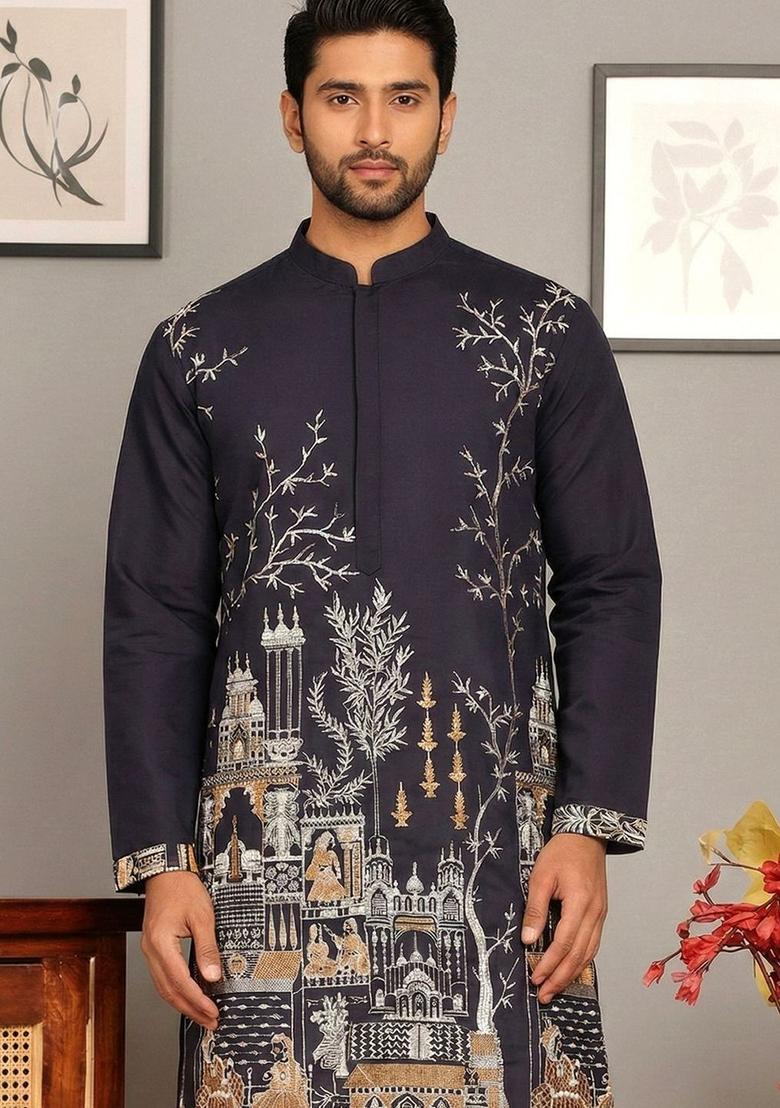 Blue Embroidered Silk Kurta For Men - Indya