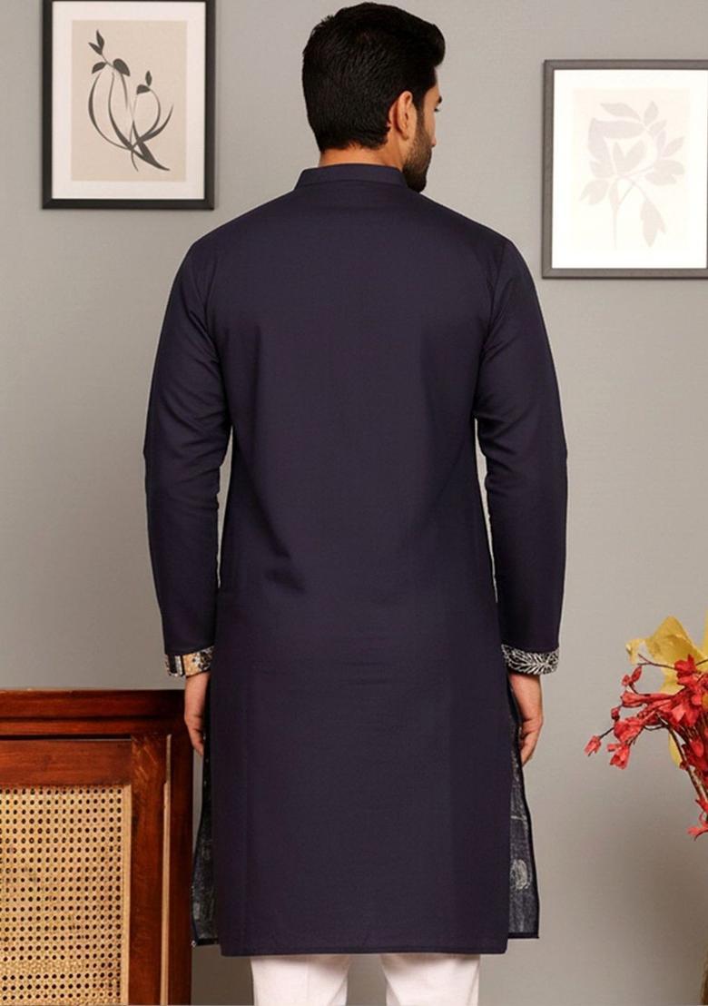 Blue Embroidered Silk Kurta For Men - Indya