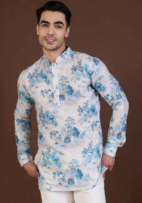 White Printed Linen Kurta For Men