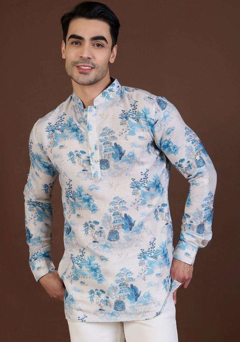White Printed Linen Kurta For Men - Indya