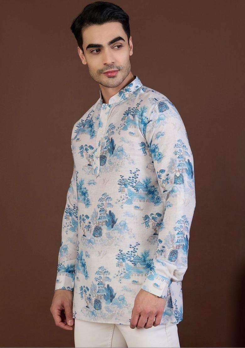 White Printed Linen Kurta For Men - Indya