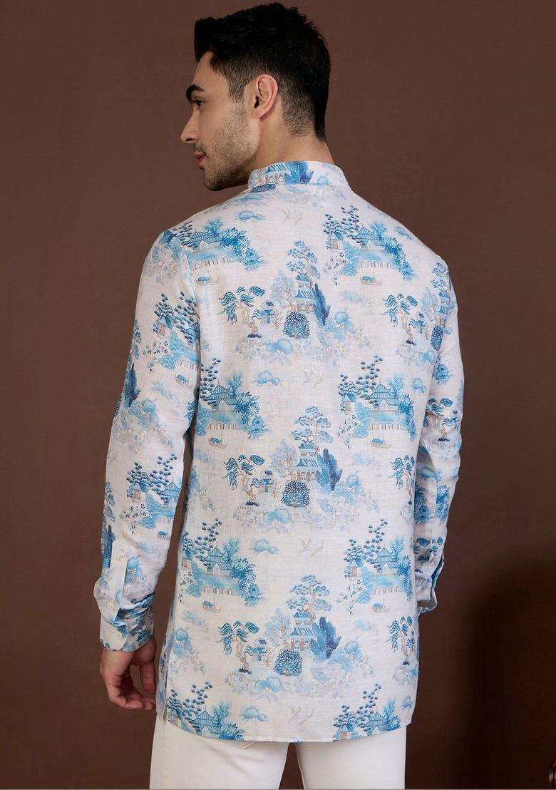 White Printed Linen Kurta For Men - Indya