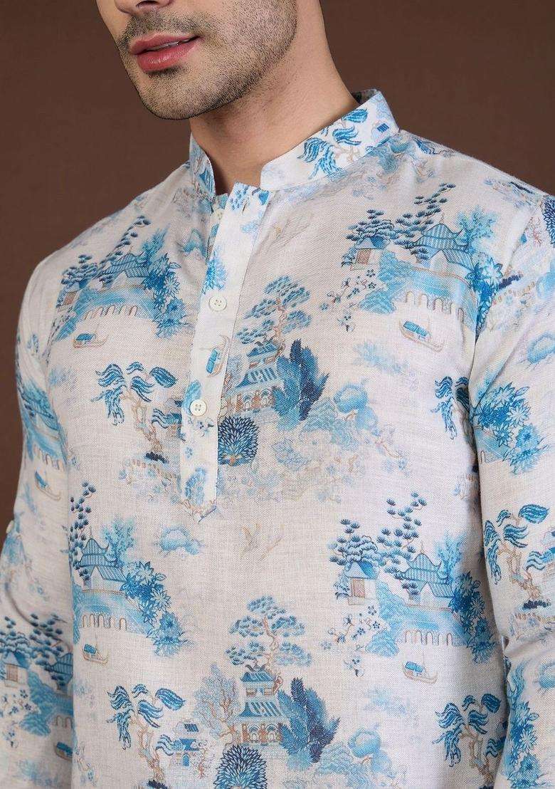 White Printed Linen Kurta For Men - Indya