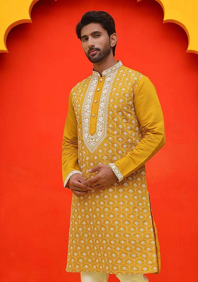 Yellow Embroidered Silk Blend Kurta For Men - Indya