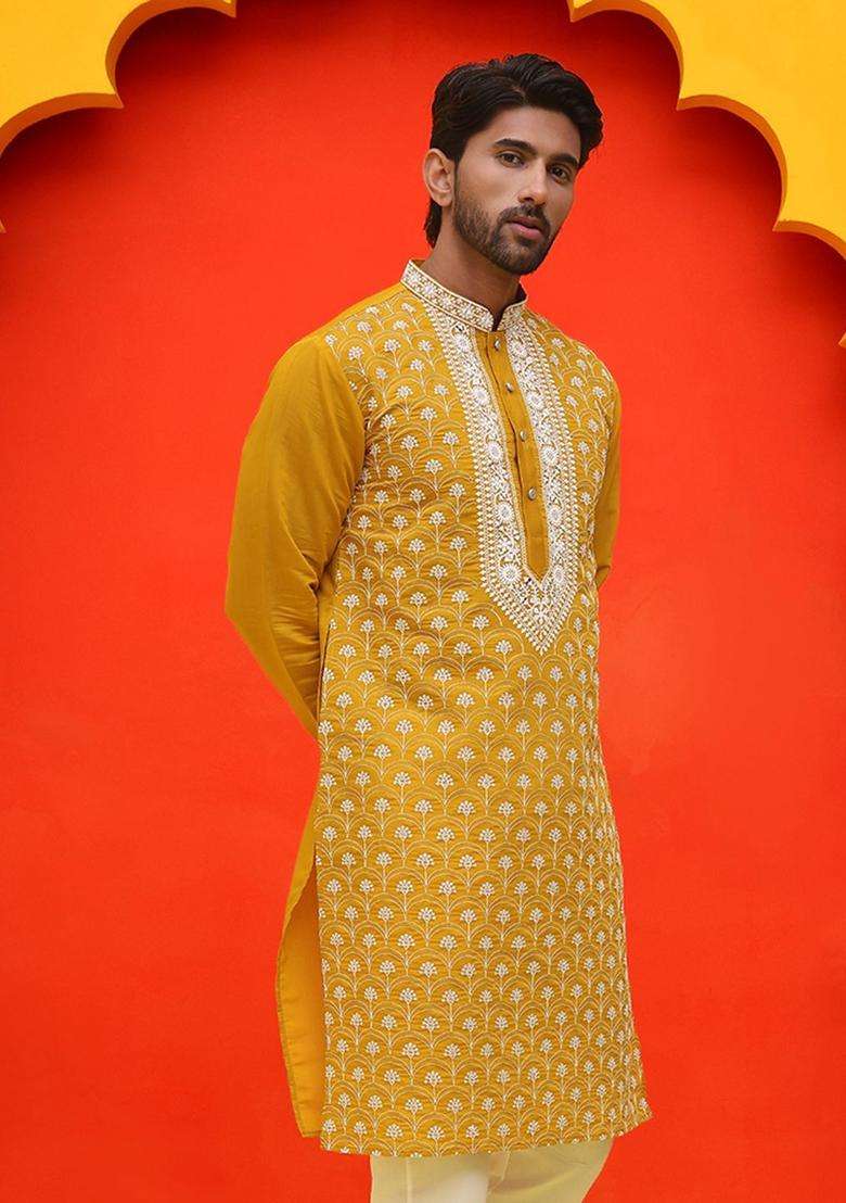 Yellow Embroidered Silk Blend Kurta For Men - Indya