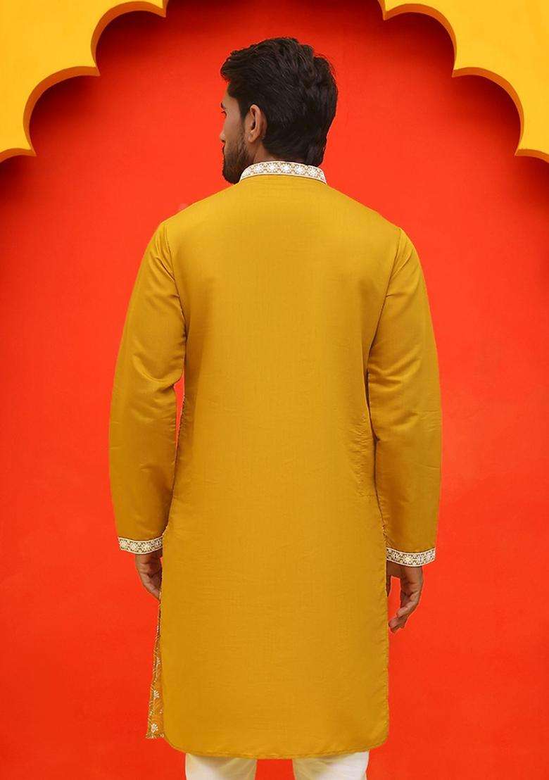 Yellow Embroidered Silk Blend Kurta For Men - Indya
