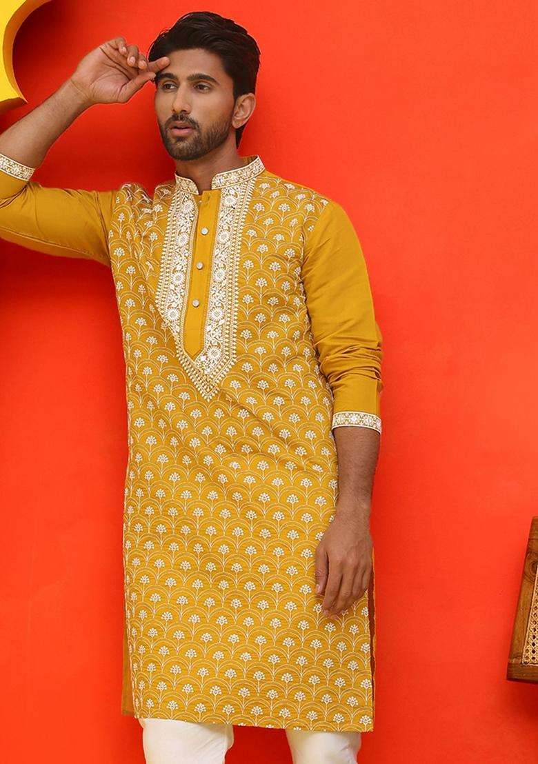 Yellow Embroidered Silk Blend Kurta For Men - Indya