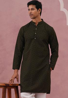 Olive Woven Design Cotton Kurta For Men