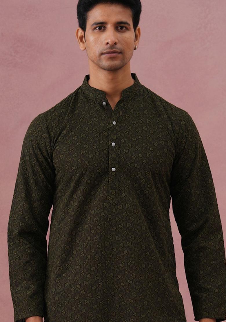 Olive Woven Design Cotton Kurta For Men - Indya