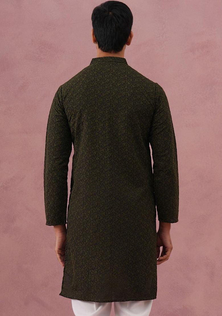 Olive Woven Design Cotton Kurta For Men - Indya