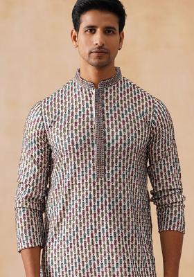 White Embroidered Viscose Kurta For Men