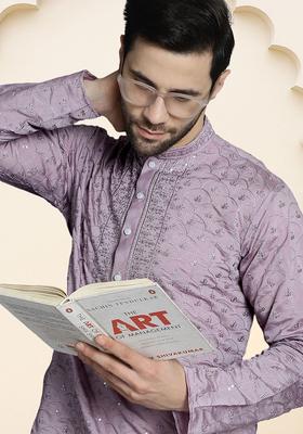 Purple Embroidered Silk Kurta For Men