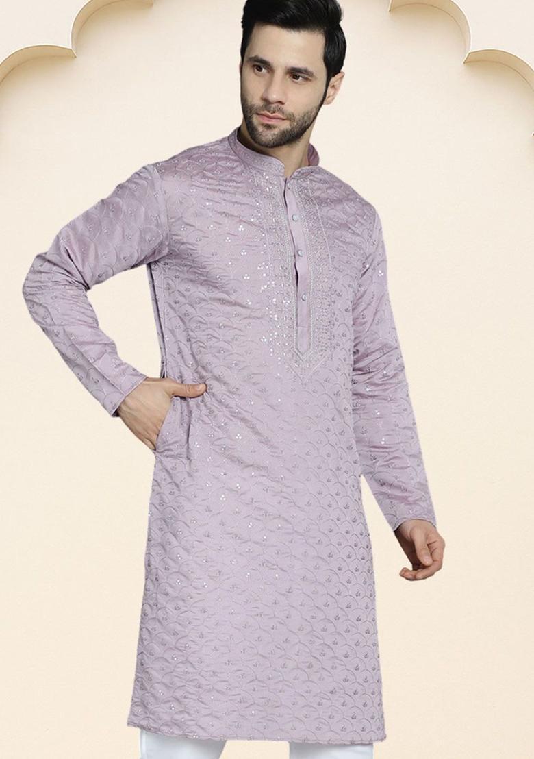 Purple Embroidered Silk Kurta For Men - Indya
