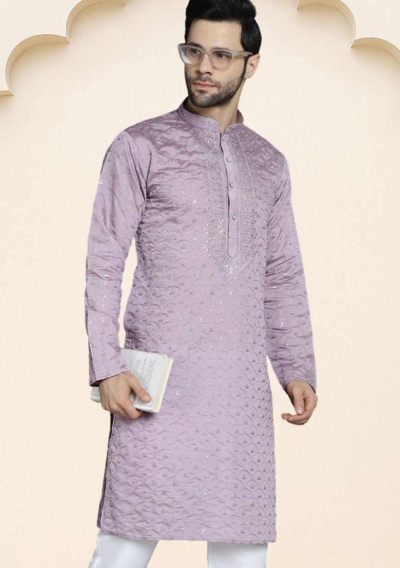 Purple Embroidered Silk Kurta For Men - Indya