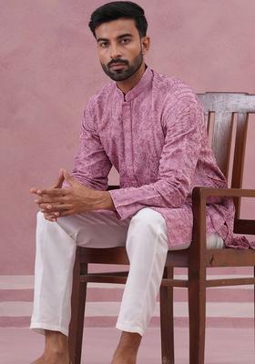 Purple Embroidered Cotton Kurta For Men