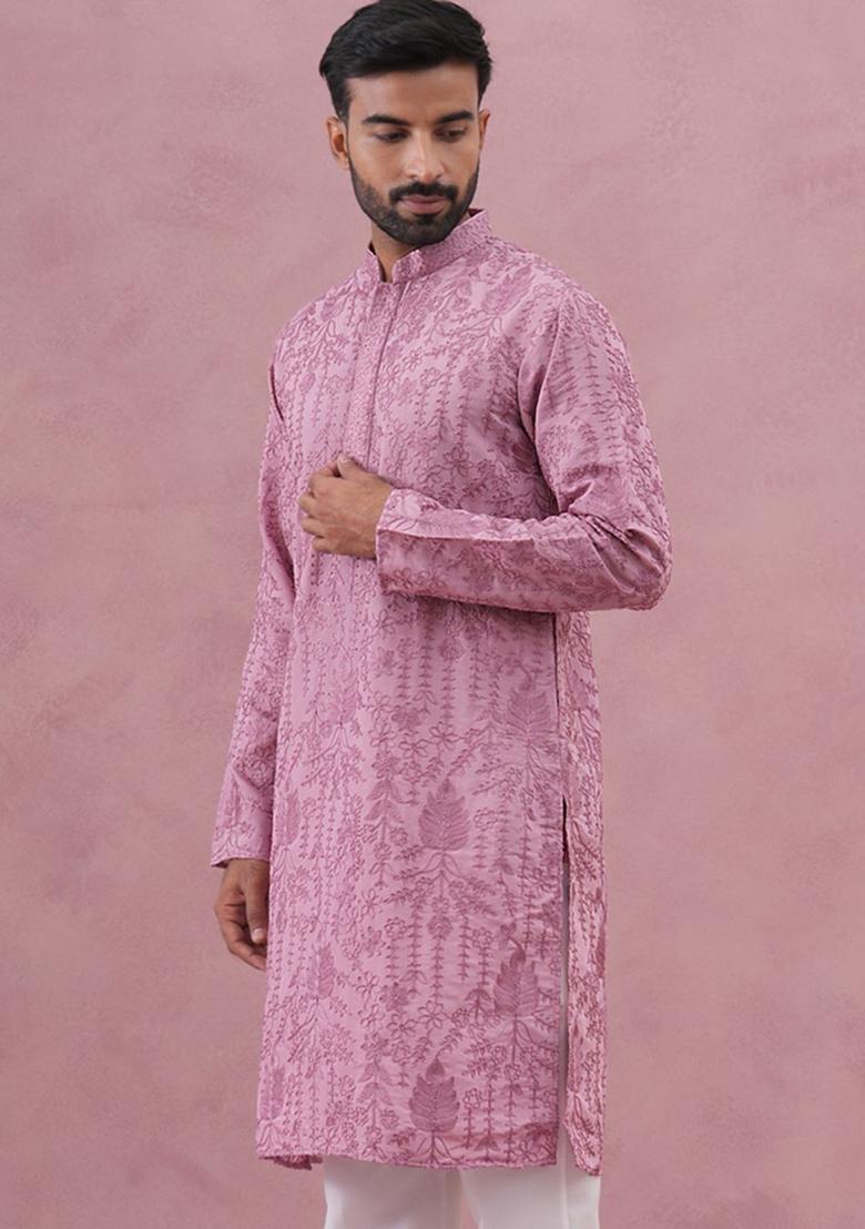 Purple Embroidered Cotton Kurta For Men - Indya