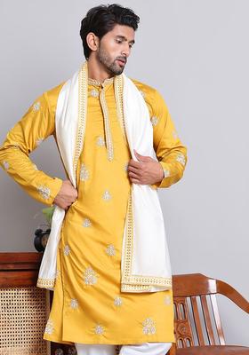 Yellow Embroidered Silk Kurta With Dupatta For Men