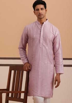 Purple Embellished Silk Kurta For Men