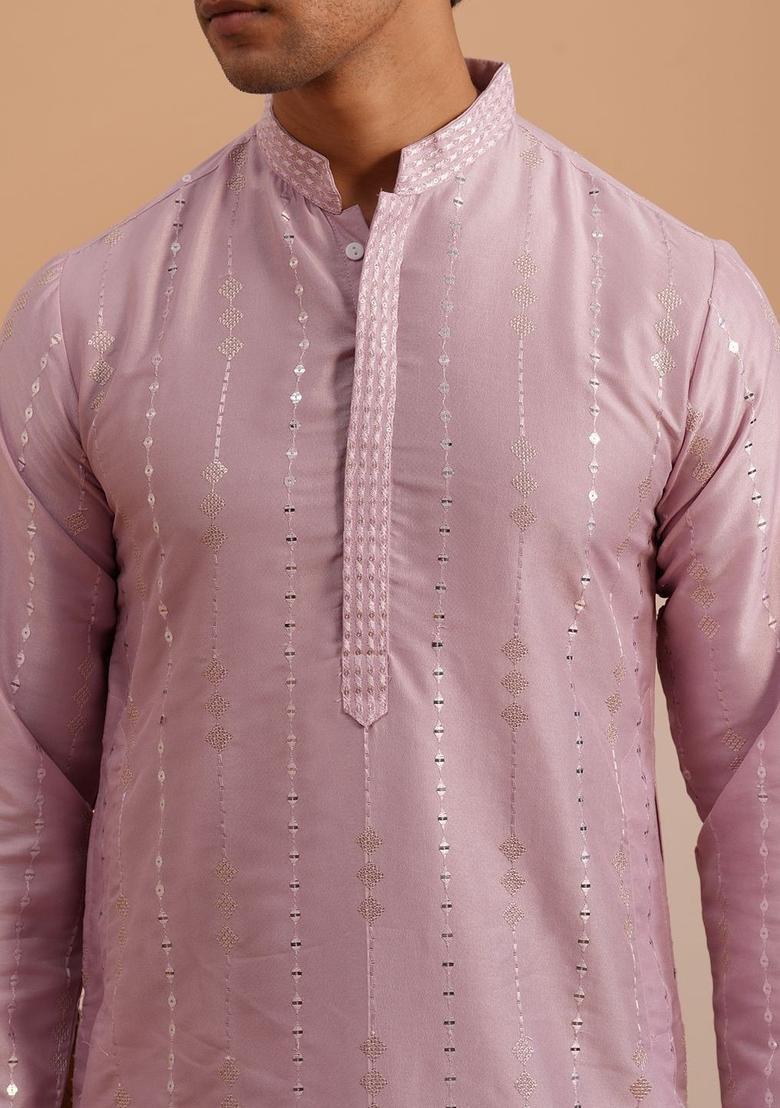 Purple Embellished Silk Kurta For Men - Indya