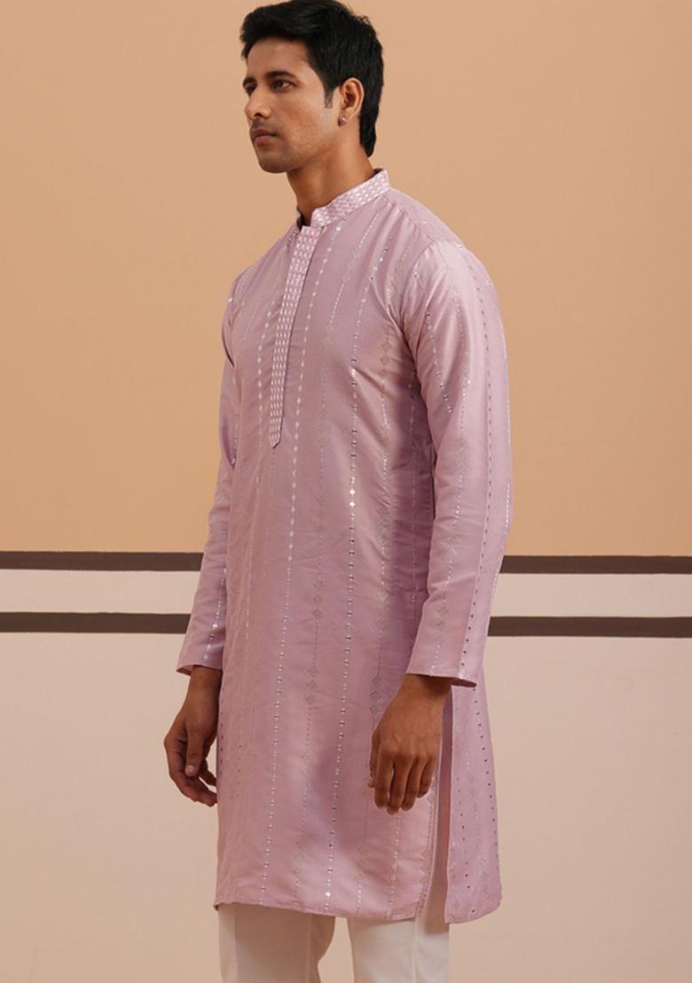Purple Embellished Silk Kurta For Men - Indya