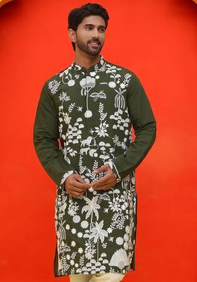 Olive Embroidered Silk Kurta For Men