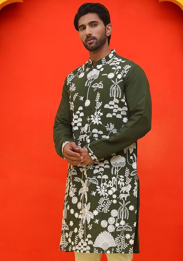 Olive Embroidered Silk Kurta For Men - Indya