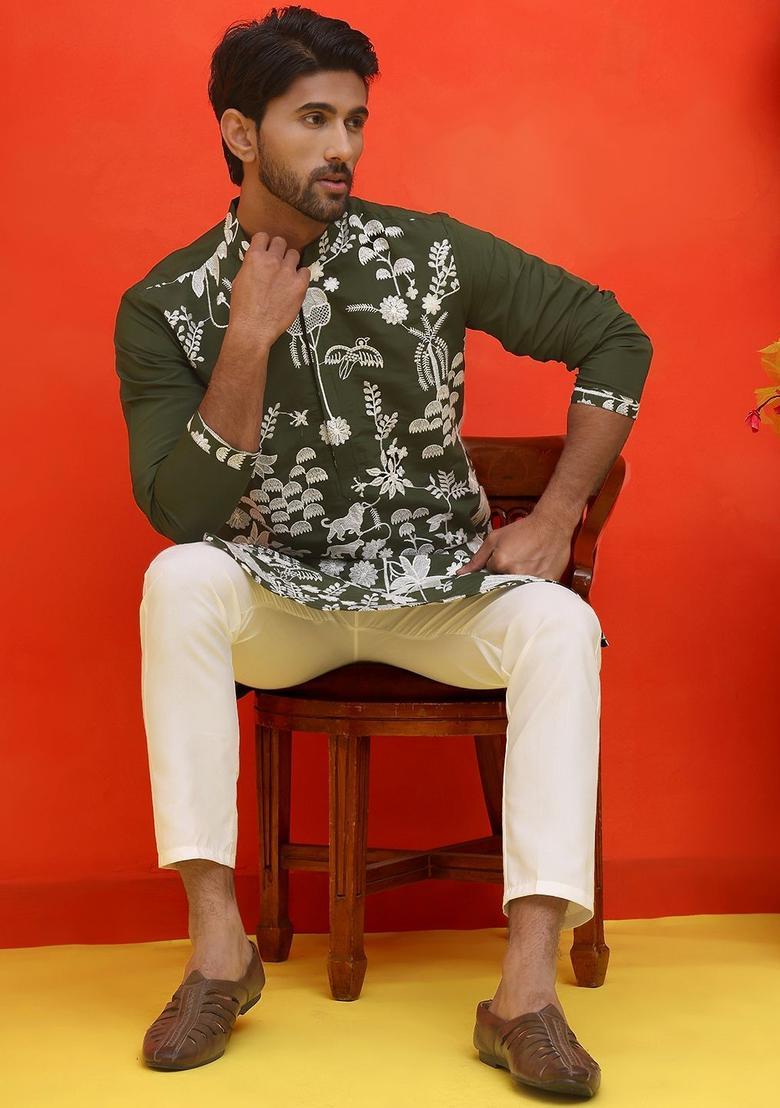 Olive Embroidered Silk Kurta For Men - Indya