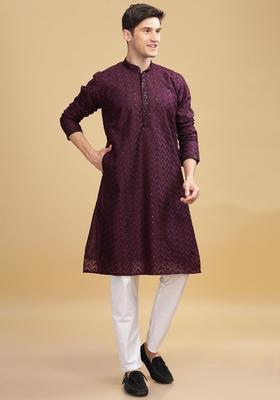 Purple Woven Design Cotton Kurta For Men