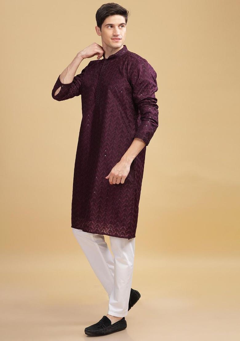 Purple Woven Design Cotton Kurta For Men - Indya