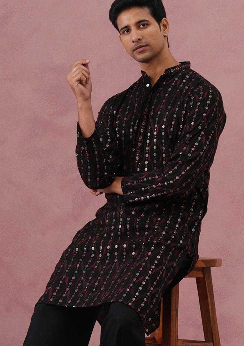 Black Printed Silk Kurta For Men - Indya