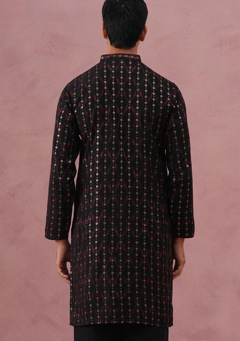 Black Printed Silk Kurta For Men - Indya