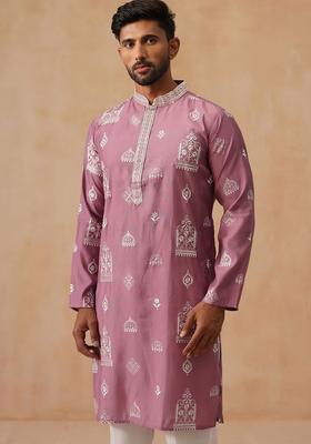 Pink Woven Design Silk Kurta For Men